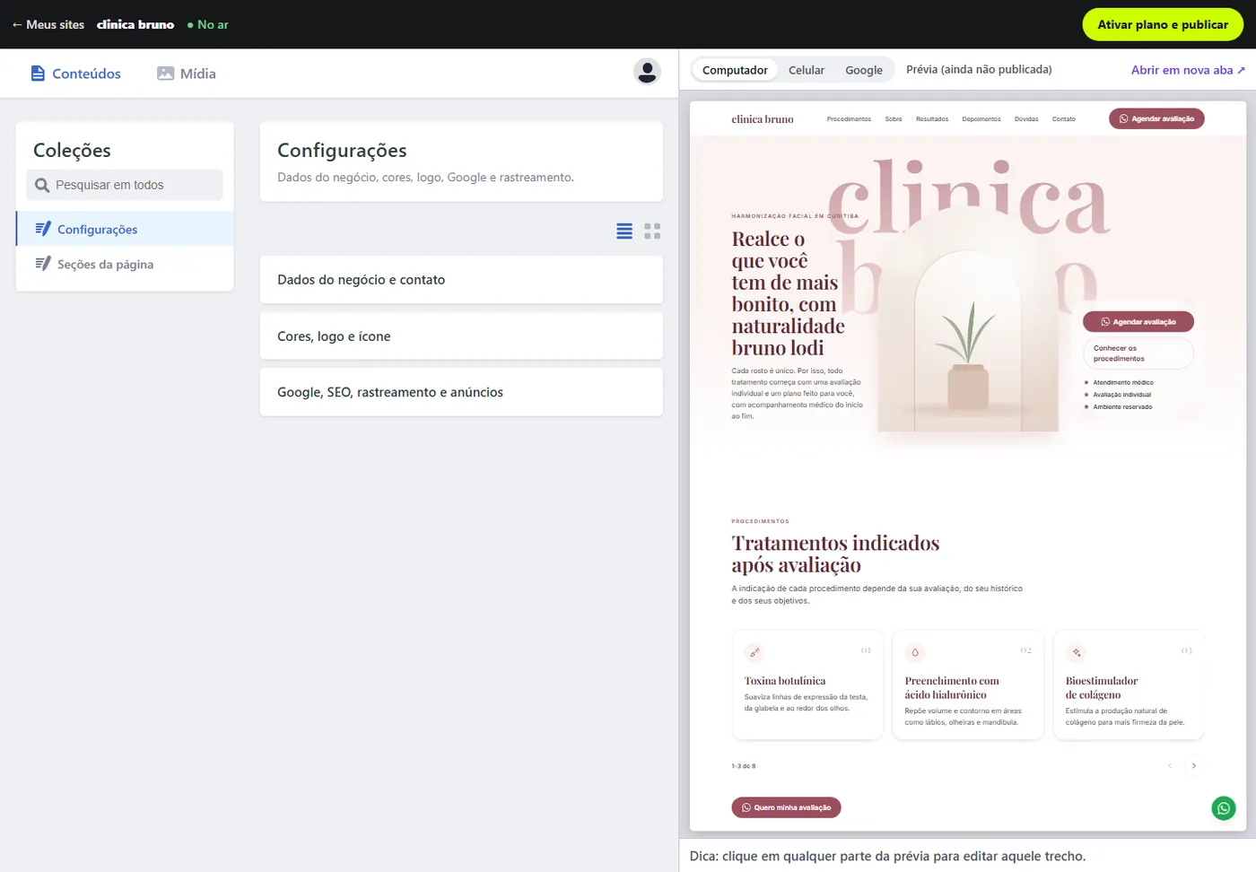 Painel do cliente do LandingMax com prévia ao vivo do site